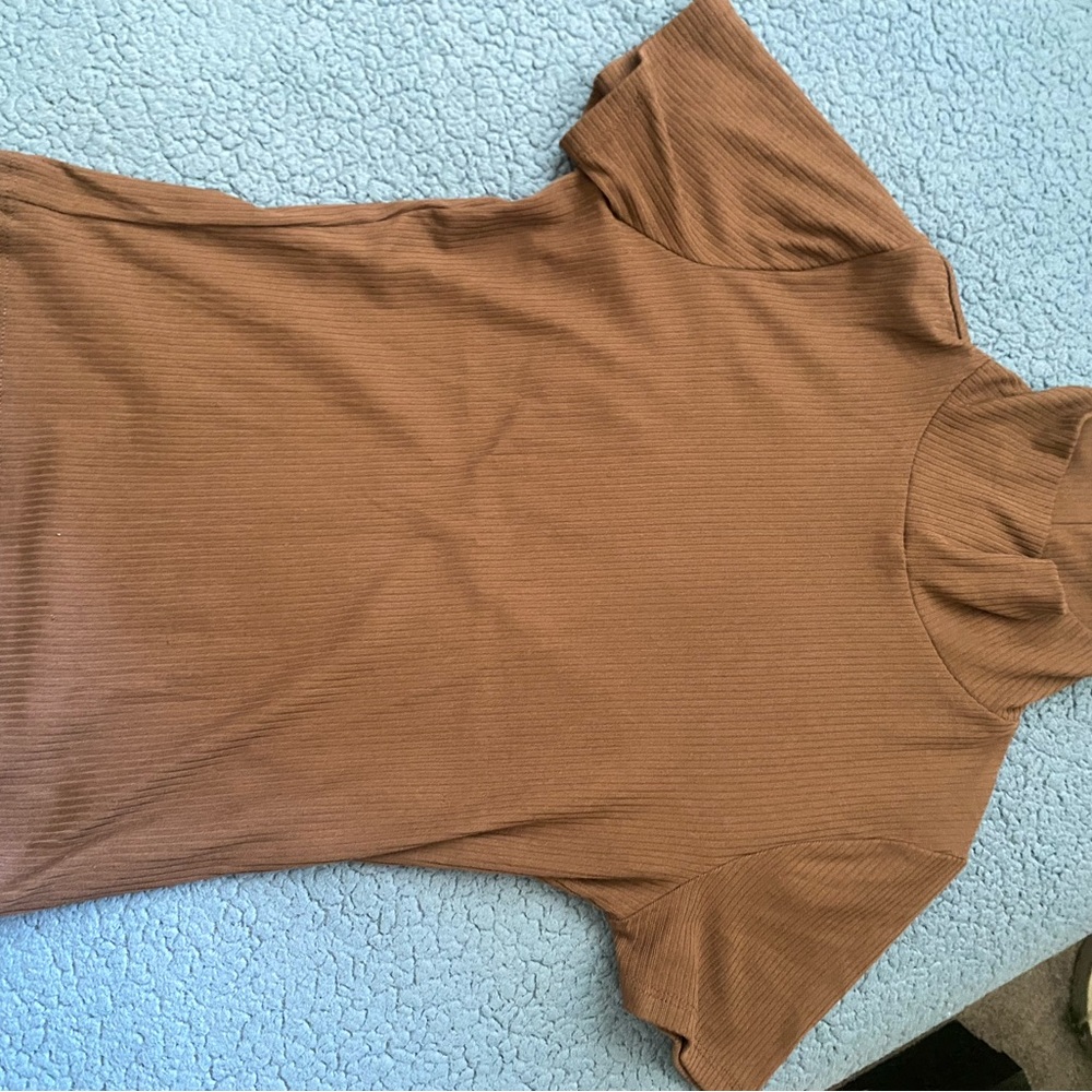 Francesca's Collections Tan Ribbed Short Sleeve Top